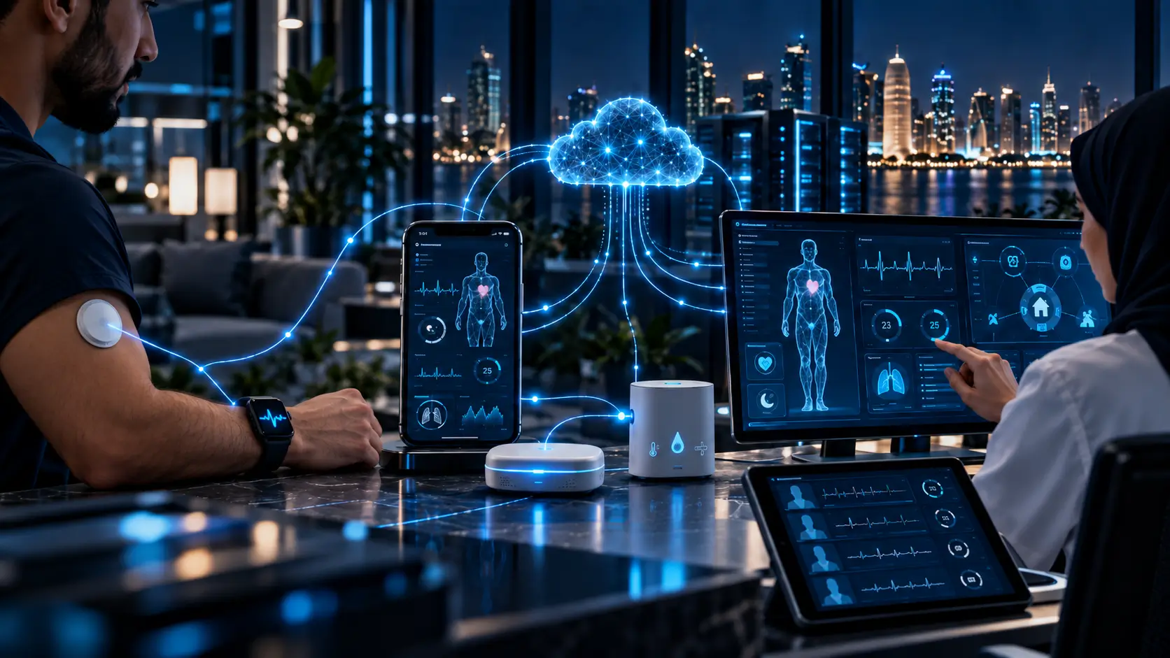 Connected health ecosystem integrating wearable sensors, IoT devices, mobile software, cloud systems and healthcare monitoring