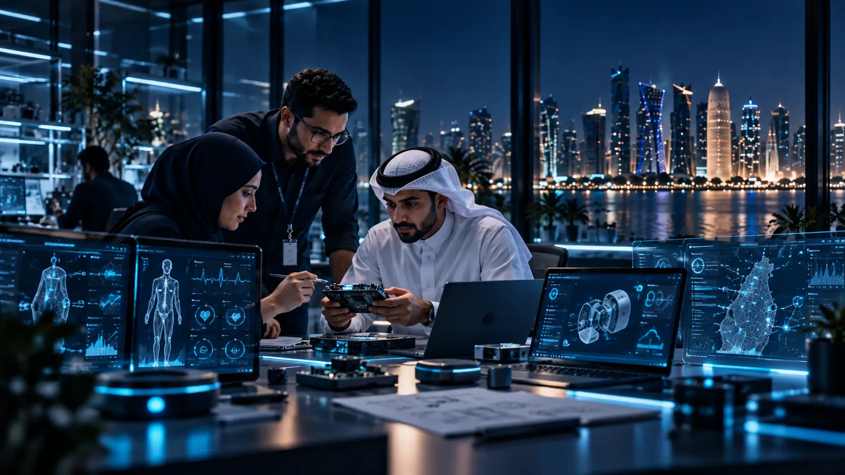 Technology and product development in Qatar with engineers, intelligent systems and the Doha skyline